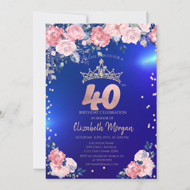 Convite Tiara Dourada Diamantes Flores Azul 40º Aniversári (Frente)