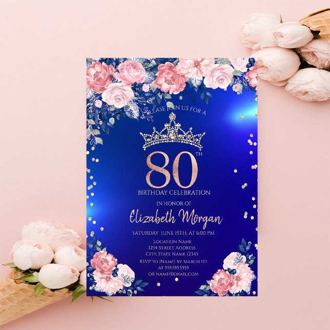 Convite Tiara Dourada Diamantes Flores Azul 80º Aniversári (Criador carregado)