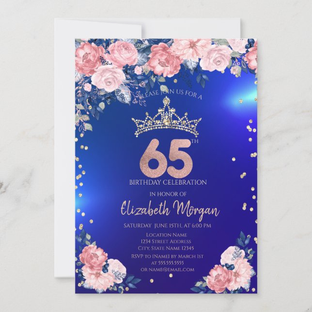 Convite Tiara Dourada Diamantes Flores Azul Aniversário de (Frente)