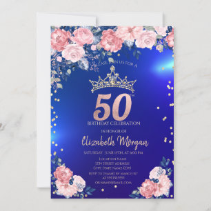 Convite Tiara Dourada Diamantes Flores Azul Aniversário de