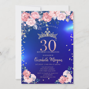 Convite Tiara Dourada Diamantes Flores Azul Aniversário de