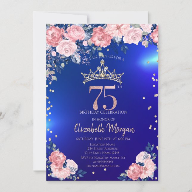 Convite Tiara Dourada Diamantes Flores Azul Aniversário de (Frente)