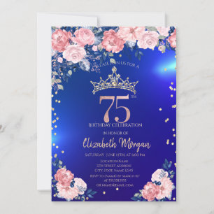Convite Tiara Dourada Diamantes Flores Azul Aniversário de