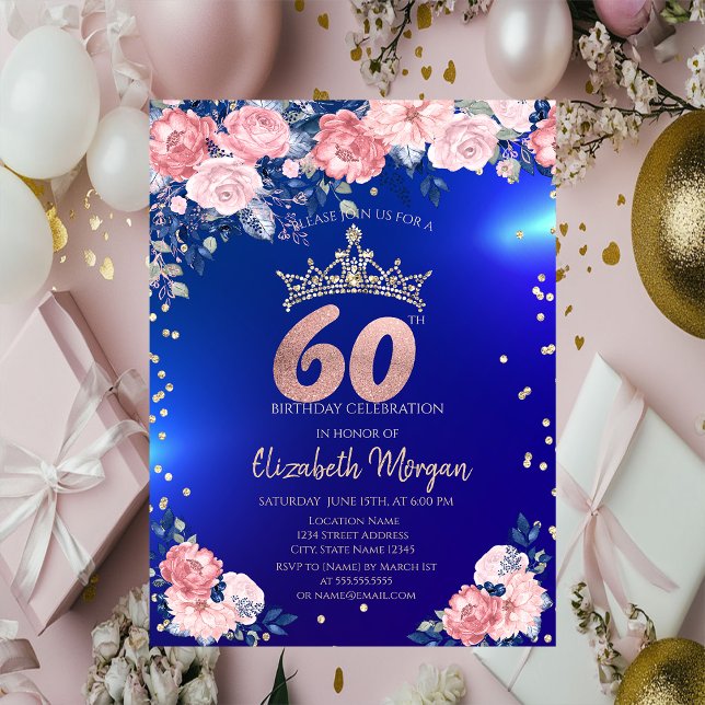 Convite Tiara Dourada Diamantes Flores Azul Aniversário de (Criador carregado)