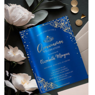 Convite Tiara Dourada, Diamantes Quinceañera Azul Metálico