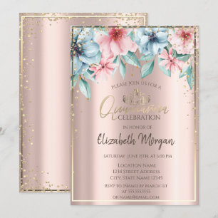 Convite Tiara Dourada,Diamantes,Quinceañera Floral em Dour