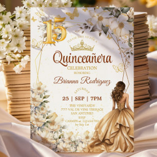 Convite Tiara Dourada Floral Bege Quinceañera 