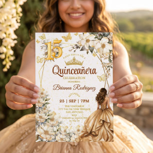 Convite Tiara Dourada Floral Bege Quinceañera 