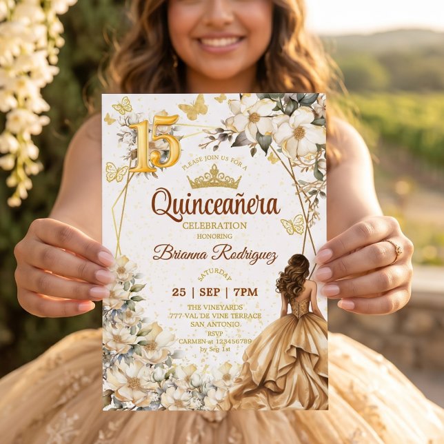 Convite Tiara Dourada Floral Bege Quinceañera  (Criador carregado)