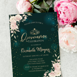 Convite Tiara Dourada, Flores Boho Verde Quinceañera