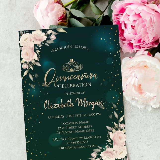 Convite Tiara Dourada, Flores Boho Verde Quinceañera (Criador carregado)