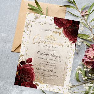 Convite Tiara Dourada, Flores Bordeaux Diamantes Quinceañe