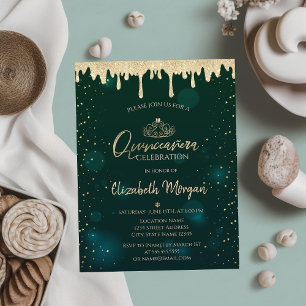 Convite Tiara Dourada, Gotas de Brilho Verde Quinceañera