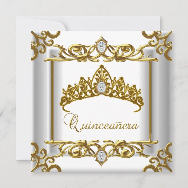 Convite Tiara Dourada Quinceanera 15 de Aniversário (Frente)