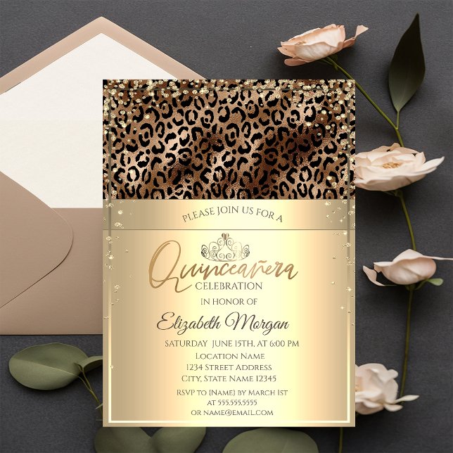 Convite Tiara Dourada, Quinceañera de Impressão de Leopard (Criador carregado)