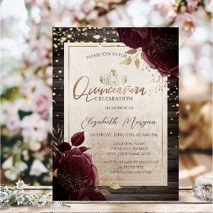 Convite Tiara Dourada, Rosas Burgundy de Madeira Quinceañe