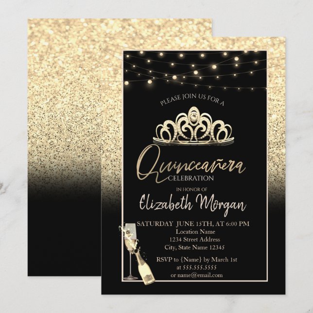 Convite Tiara Dourada, Taça de Vinho Brilho Quinceañera (Frente/Verso)