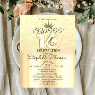 Convite Tiara, Dourado Sweet 16 Brilho Bokeh Ombre Festa