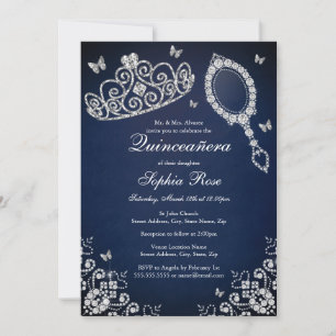 Convite Tiara Espelho Borboleta Azul Marinho Quinceanera