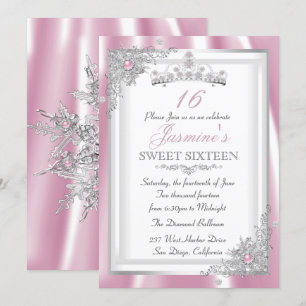 Convite Tiara Floco de Neve Diamante Rosa Prata Sweet 16