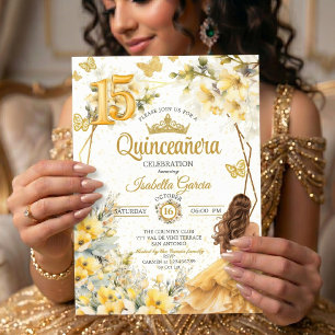 Convite Tiara Floral Amarela Dourada Borboleta Quinceañera