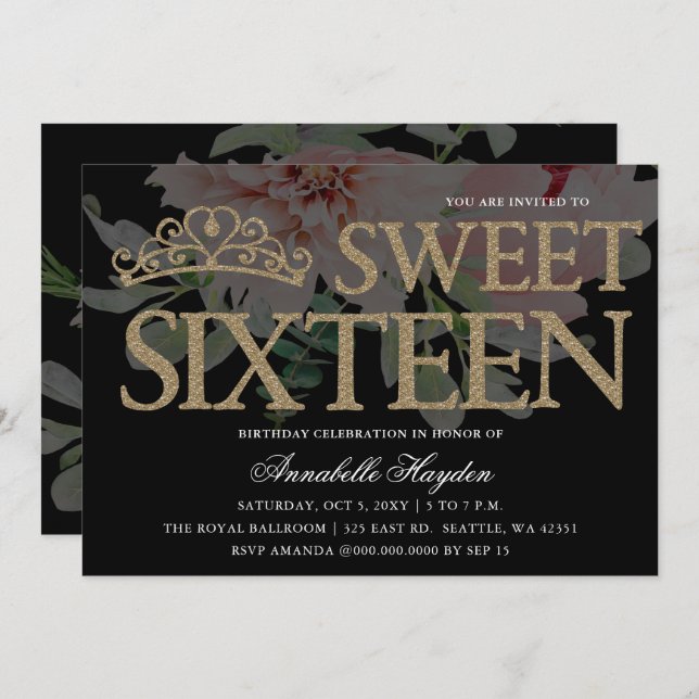 Convite Tiara Floral Black e Dourado Sweet 16 (Frente/Verso)