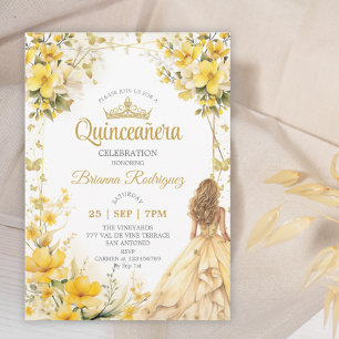 Convite Tiara Floral Borboleta Amarela Dourada Quinceañera