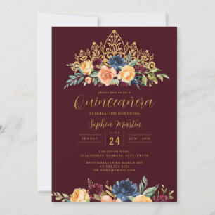 Convite Tiara Floral Burgundy Navy Quinceanera