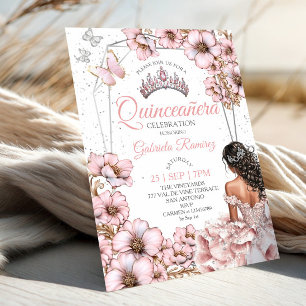 Convite Tiara Floral de Borboleta Prata Rosa Quinceañera