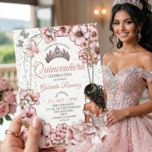 Tiara Floral de Borboleta Prata Rosa Quinceañera