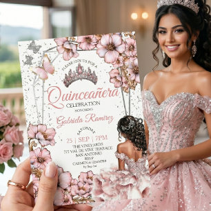 Convite Tiara Floral de Borboleta Prata Rosa Quinceañera