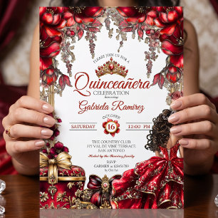 Convite Tiara Floral Dourada Vermelha Quinceañera