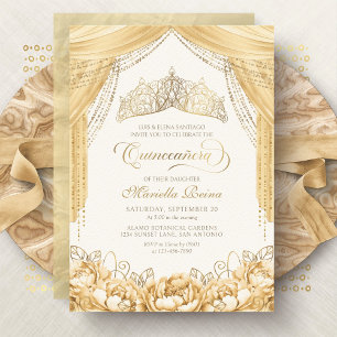 Convite Tiara Floral Dourado Amarelo Moderno Quinceanera