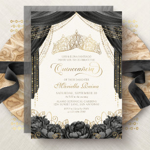 Convite Tiara Floral Preta Moderna Quinceanera