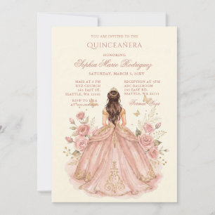 Convite Tiara Floral Princesa Dourado Rosa Quinceañera