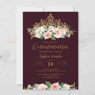 Convite Tiara Floral Rosa Borgonha Quinceanera 