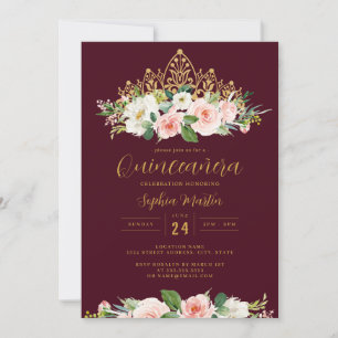 Convite Tiara Floral Rosa Dourado Borgonha Quinceanera