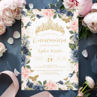 Tiara Floral Rosa Dourado e Azul Marinho Quinceane