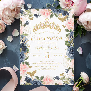 Convite Tiara Floral Rosa Dourado e Azul Marinho Quinceane