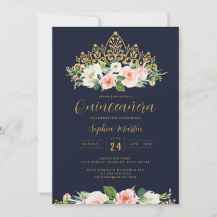 Convite Tiara Floral Rosa Dourado Marinho Quinceanera