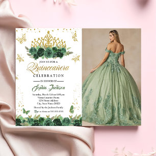 Convite Tiara Floral Verde Esmeralda Borboleta Quinceanera