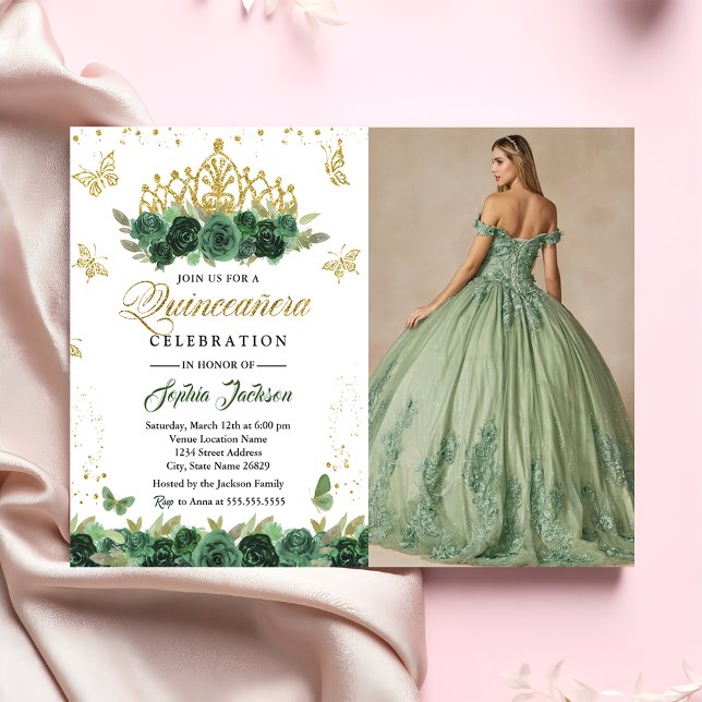 Convite Tiara Floral Verde Esmeralda Borboleta Quinceanera (Criador carregado)