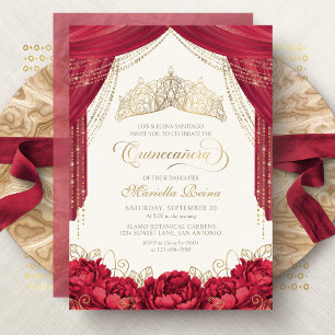 Convite Tiara Floral Vermelha Quinceanera Moderna