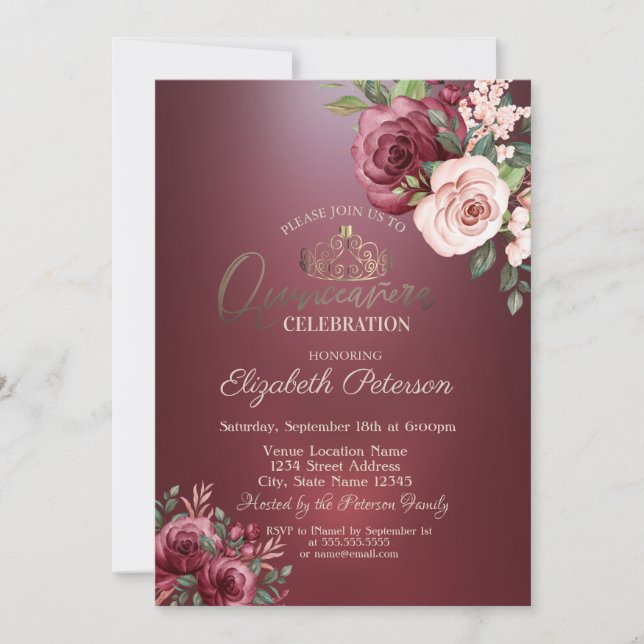 Convite Tiara, Flores de Rosas Burgundy Quinceañera (Frente)