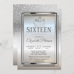 Convite Tiara,Frame Silver Glitter Bokeh Doce 16 Partido