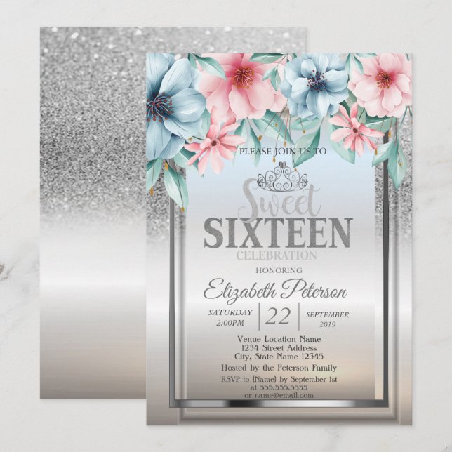 Convite Tiara,Frame Silver Glitter Bokeh Floral Sweet 16 (Frente/Verso)