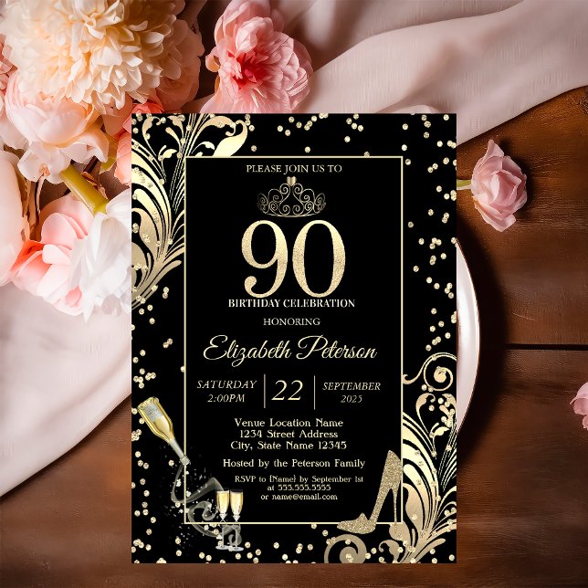 Convite Tiara Glitter Heels Diamantes Roda 90 Aniversário (Criador carregado)