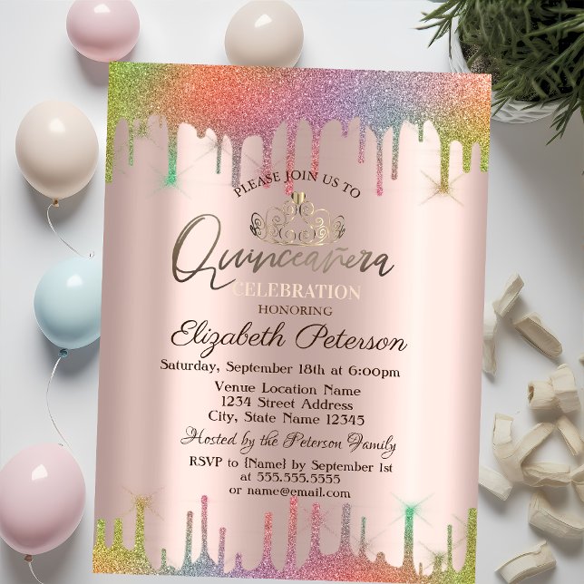 Convite Tiara, Gotas de Brilho Arco-Íris Quinceañera (Criador carregado)