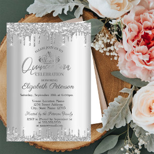 Convite Tiara, Gotas de Brilho Prateadas Quinceañera