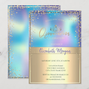 Convite Tiara Holográfica Dourada Chic, Quinceañera Diaman